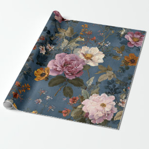 Landelijke Navy Blauwe Botanische Elegante Vintage Cadeaupapier