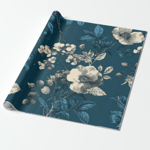 Landelijke Navy Blauwe Botanische Elegante Vintage Cadeaupapier