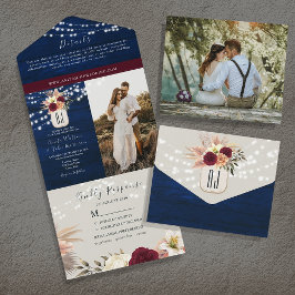Landelijke Navy Blauwe en Burgundy Bloemige Bruilo All In One Uitnodiging