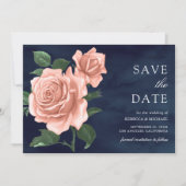 Landelijke Navy Blauwe Stofachtige Perzikrozen Bru Save The Date (Voorkant)