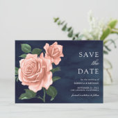 Landelijke Navy Blauwe Stofachtige Perzikrozen Bru Save The Date (Staand voorkant)