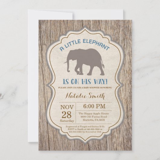 Landelijke Olifant Baby Shower Uitnodiging Jongen (Voorkant)