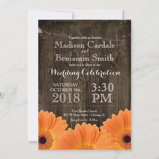 Landelijke Oranje Daisies Rustic Wood Wedding Invi Kaart (Voorkant)