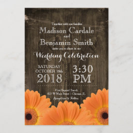 Landelijke Oranje Daisies Rustic Wood Wedding Invi Kaart