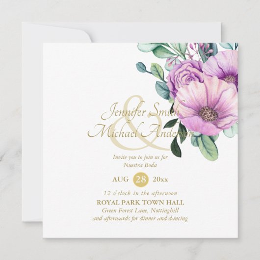 Landelijke paarse bloemen Nuestra Boda uitnodiging (Voorkant)