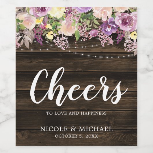 Landelijke paarse bloemenslingerlampjes bruiloft wijn etiket (Enkel label)