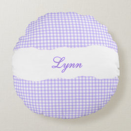 Landelijke Paarse Gingham Gepersonaliseerde Naam Rond Kussen