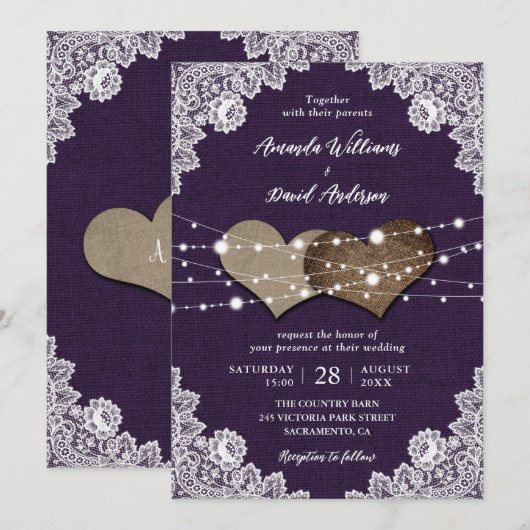 Landelijke Paarse Jute Kant Bruiloft Kaart (Voorkant / Achterkant)