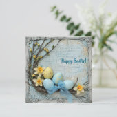 Landelijke pastel blauwe en gele Pasen eieren retr Feestdagenkaart (Staand voorkant)