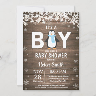 Landelijke pinguïn winter jongen babyshower uitnod kaart