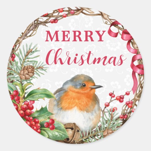 Landelijke Robin Prettig Kerstfeest Ronde Sticker (Voorkant)