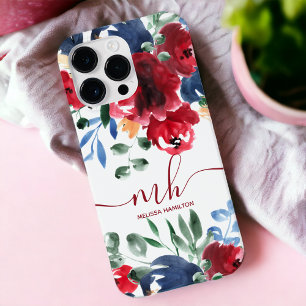Landelijke rode blauwe elegante bloemrijke waterve iPhone 13 pro max hoesje