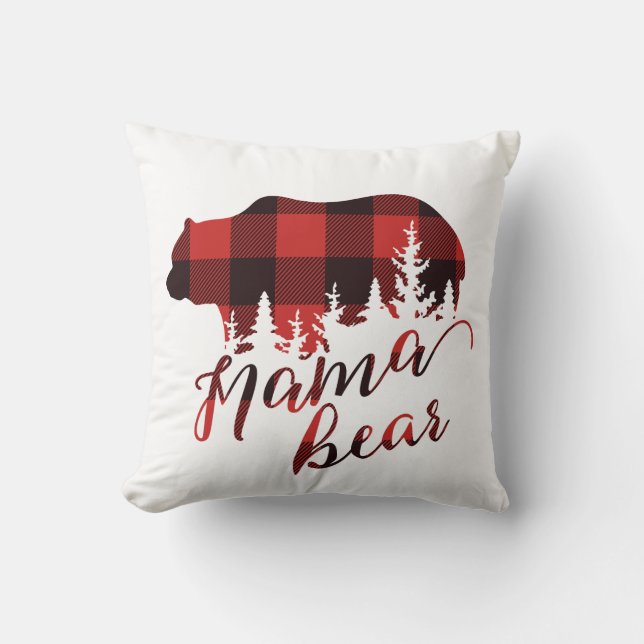 Landelijke rode en zwarte flanel Mama Beer Kussen (Voorkant)