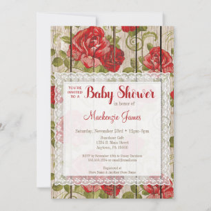 Landelijke rode rozen baby shower uitnodiging kant