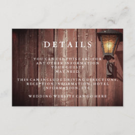 Landelijke rode schuur huwelijksdetails gast informatiekaartje