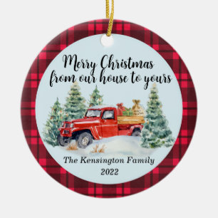 Landelijke Rode Truck - Buffalo Plaid - Vrienden F Keramisch Ornament
