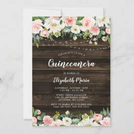 Landelijke roze bloem slingerlichten Quinceanera Kaart