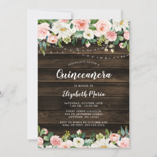 Landelijke roze bloem slingerlichten Quinceanera Kaart