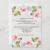 Landelijke roze bloemen op wit hout Net getrouwd Feestdagenkaart (Achterkant)