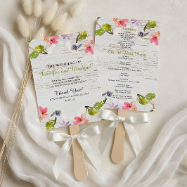 Landelijke roze bloemen op wit houten trouwprogram handwaaier