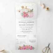 Landelijke Roze Bloemen Witte Pompoen Herfst Bruil Drieluik Uitnodiging (Binnen)