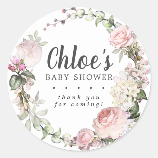 Landelijke Roze Bloemige Baby Shower Dankjewel Ronde Sticker (Voorkant)