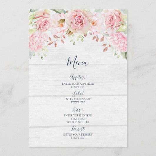 Landelijke roze bloemige lente bruiloftsmenu menu (Voorkant)