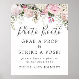Landelijke Roze Bloemige Trouwfoto Booth Bord Poster