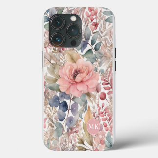 Landelijke Roze Bloemige Waterverf Monogram iPhone 13 Pro Hoesje