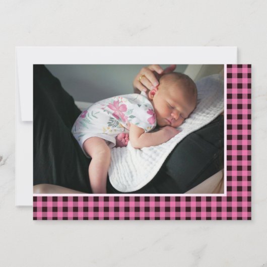 Landelijke Roze Geruite Zoete Avontuur Baby Aankondiging (Voorkant)