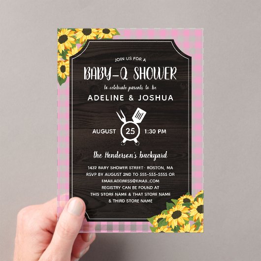 Landelijke Roze Gingham Zonnebloemen Meisje Baby-Q Acryl Uitnodigingen (Insitu (Draagbaar))