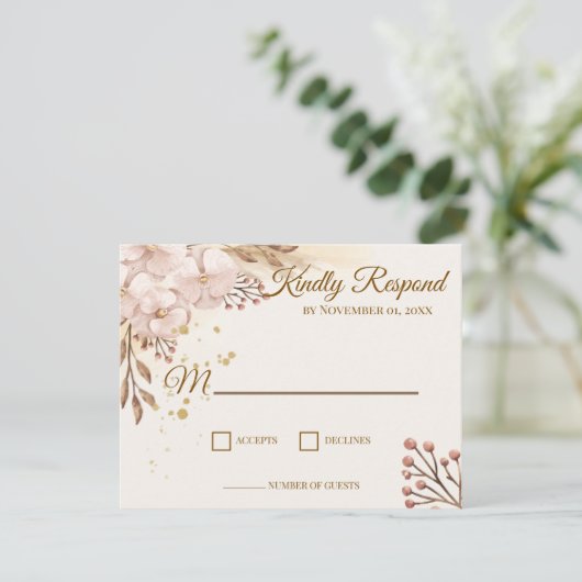 Landelijke Roze & Gouden Bloem Boho RSVP Kaart (Staand voorkant)