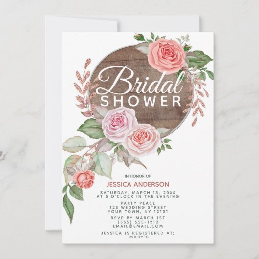 Landelijke Roze Gouden Glitter Bloemige Bruidsdouc Kaart (Voorkant)