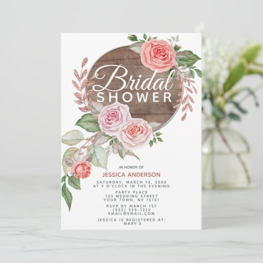 Landelijke Roze Gouden Glitter Bloemige Bruidsdouc Kaart (Staand voorkant)