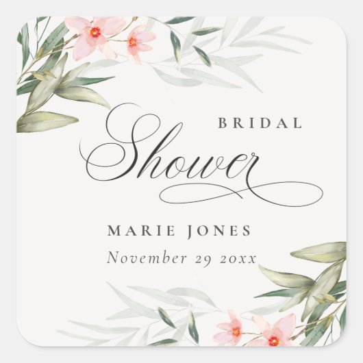 Landelijke Roze Groene Bloemstuk Bruiloft Vierkante Sticker (Voorkant)