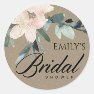 LANDELIJKE ROZE KRAFT BLOEMEN WATERVERF BRUIDSSLUI RONDE STICKER