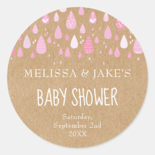 Landelijke roze regendruppels voor baby shower voo ronde sticker