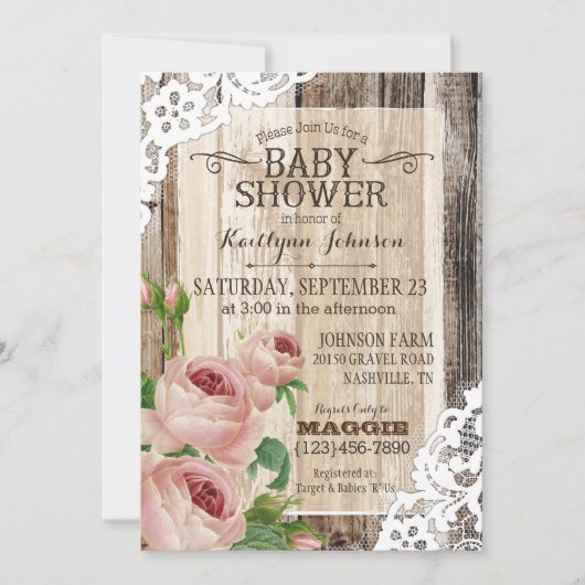 Landelijke Rozen en Rustic Wood Baby shower Kaart (Voorkant)