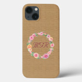 Landelijke rozenkrans monogram op jute Case-Mate iPhone case (Achterkant)