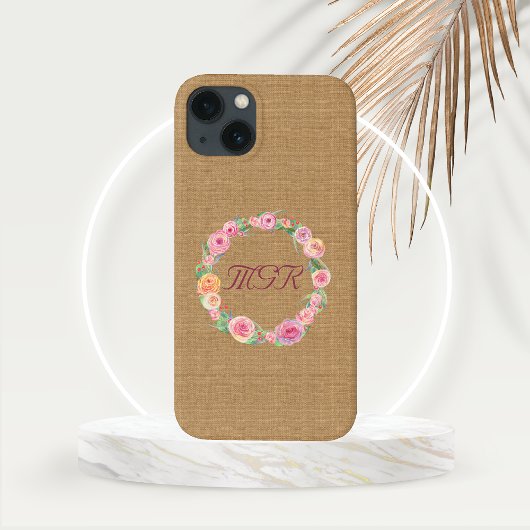 Landelijke rozenkrans monogram op jute Case-Mate iPhone case