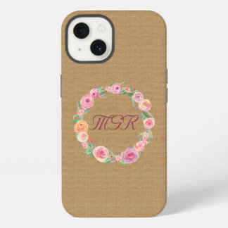 Landelijke rozenkrans monogram op jute iPhone 13 hoesje