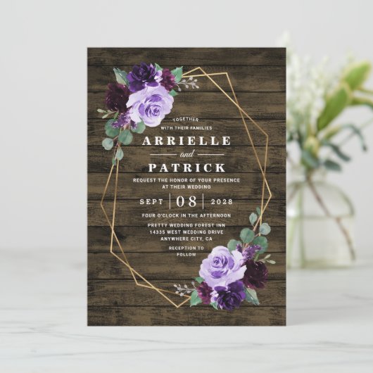 Landelijke Rustieke Bloemen Paarse en Gouden Bruil Kaart (Staand voorkant)