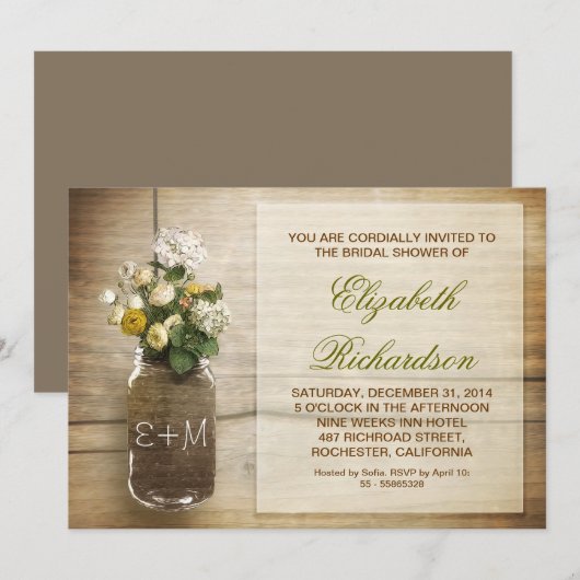 Landelijke rustieke Mason Jar Bruids Douche Uitnod Kaart (Voorkant / Achterkant)