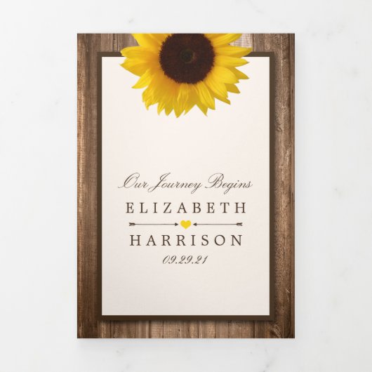 Landelijke Rustieke Zonnebloem & Houten Huwelijkss Drieluik Uitnodiging (Cover)