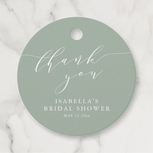 Landelijke saliegroene botanische script bruidsdou bedankjes labels (Voorkant)