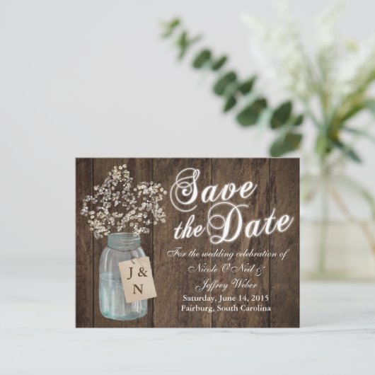 Landelijke schuur bruiloft houten metselaars pot B Aankondigingskaart (Staand voorkant)