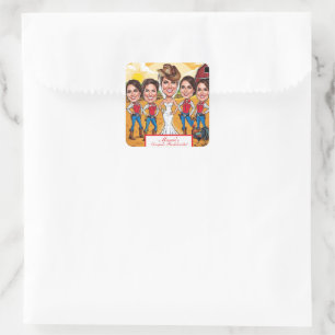 Landelijke schuur caricatuurfeest voor de bruidsme vierkante sticker