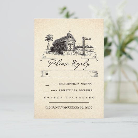 Landelijke schuur rustieke bruiloft RSVP kaarten (Staand voorkant)