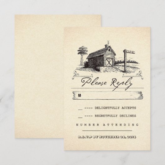 Landelijke schuur rustieke bruiloft RSVP kaarten (Voorkant / Achterkant)