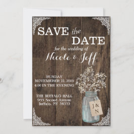 Landelijke schuurhuwelijk houten metselwerk pot Ba Save The Date